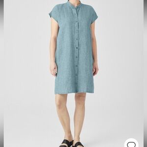 Eileen Fisher Washed 100% Organic Linen Delave Shirtdress XS Boxy Knee‎ Length